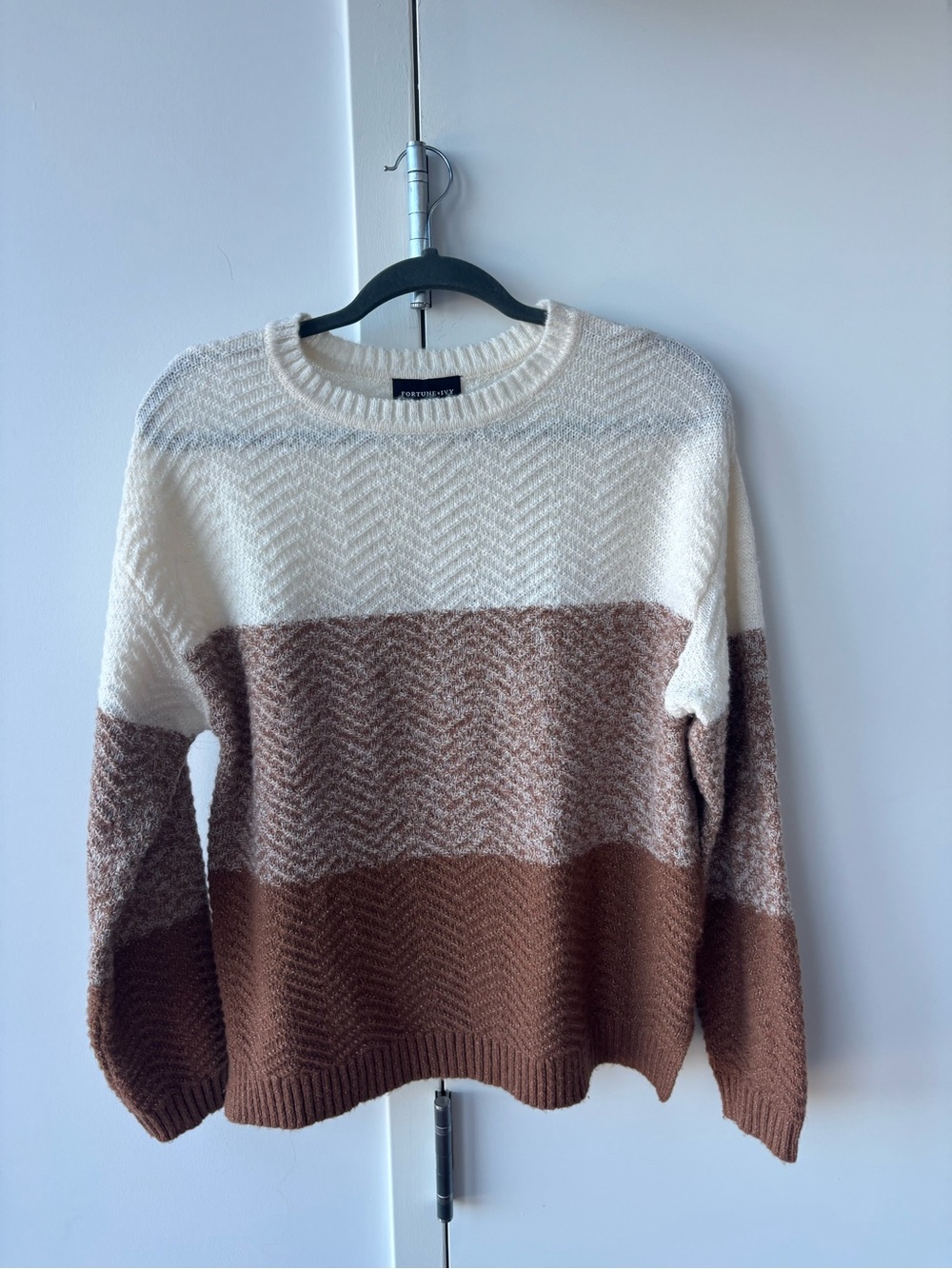 Colorblock Crewneck Sweater in Ivory, Light Brown & Chocolate
